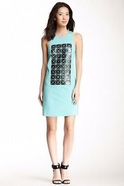 New Tibi Green Teal Turquoise Black Bonded Vinyl Applique Dress Women's Size 2